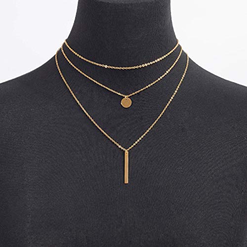 Disc Bar Pendant Layering Necklace Stainless Steel Layered Chain Choker - color: 14K Gold Plated