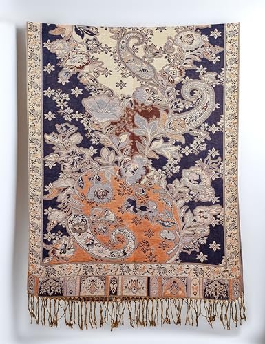 Achillea Elegant Paisley Floral Pashmina Shawl and Wrap – Boho Rave Scarf for Festival, Travel & Everyday Wear - color: Navy Amber Gold