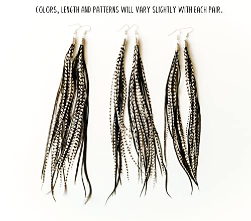 Feather Headz Bohemian handmade long lightweight feather dangle earrings for women - color: Black & Grizzly