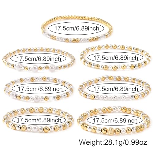 Gold Bracelets for Women Stackable 14K Gold Silver Plated Beaded Bracelets Stack Elastic Stretch Non Tarnish Bead Ball Stack Stretch Adjustable Dainty Jewelry Trendy Prom Gifts for Women - color: 7pcs-Pearl