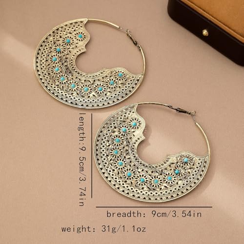 Chunky Metal Hoop Earrings for Women Vintage Bohemian Large Circle Earrings Gold Silver Textured Statement Earrings Trendy 80/90s Earring Oversized Big Dangle Earring Christmas Birthday Party Prom Banquet Costume Jewelry - color: Gold