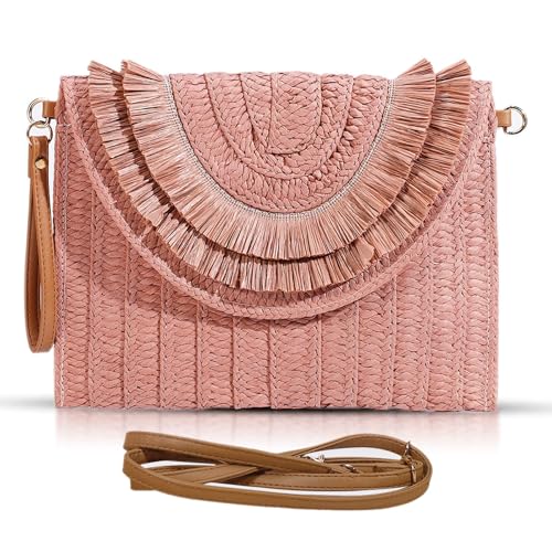 Crossbody Bags for Women, Straw Clutch Purses, Bohemian Handmade Woven Envelope Package, Tassel Handbags for Women | Bohemian - color: Bean Color