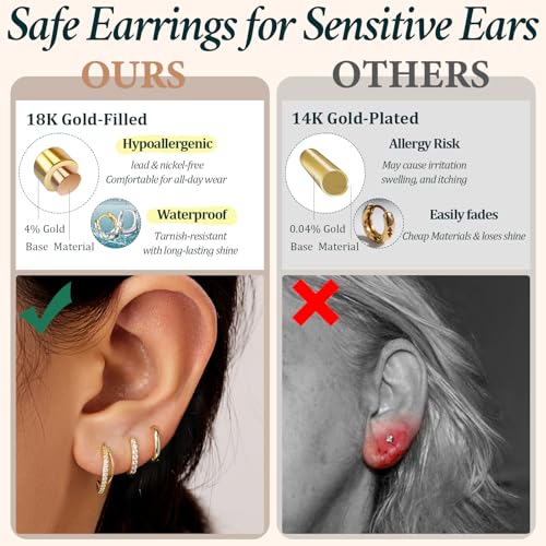 Poxtex Small Sterling Silver Huggie Hoop Earrings Set for Women, Hypoallergenic 14K Gold Plated Hoops Stacks for Multiple Piercings, Dainty Cute Mini Lightweight Cartilage Studs Trendy Jewelry Gift - color: Gold-double hoop
