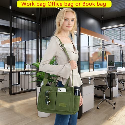 ZHMO Canvas Tote Bag for Women,Women's Bags Crossbody Bags Work Laptop Tote Bag Large Handbags Purse for Travel Nurse Teacher - color: New Upgrade Army Green With Compartments and Side Cup Holders