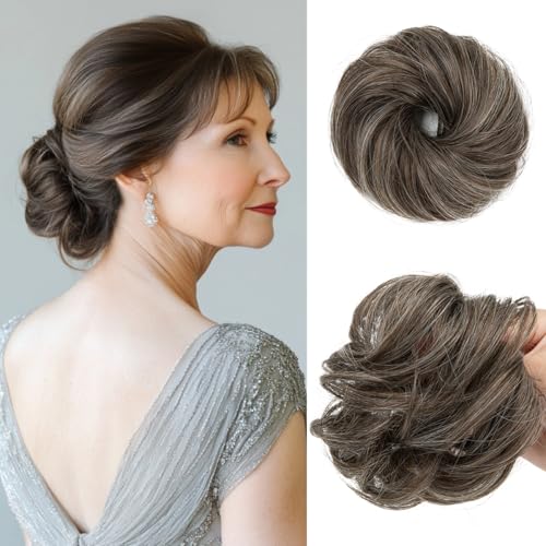 CJL HAIR 2PCs Small Cute Messy Bun Hair Piece for Thin Hair Women Mini Synthetic Curly Bun Scrunchies Updo Hairpieces Pepper Brown - color: 2PCS-Pepper Brown