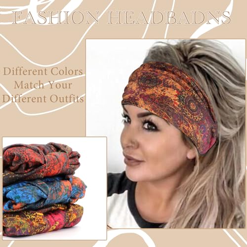 Boho Headbands For Women Fashion Wide Head Band Knoted Sweatband Turban Stretch Hair Bands Yoga Running Elastic Headband Stylish Wrap Headbands Hair Accessories for Teen Girls 3 Pack - color: Style 67