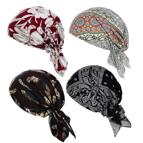 4pcs Pre-Tied Chemo Head Scarf Beanie Covers Cap Head Scarves Sleep Turban Hat Women Bandana with Stretch Print Ruffle - color: Multicolor-1