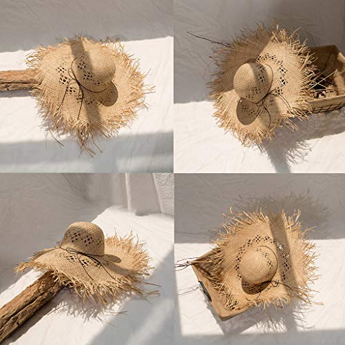 Sun Hat Women Raffia Straw for Sun Hat Big Brim Floppy Fringe Hollow Sunscreen Bucket