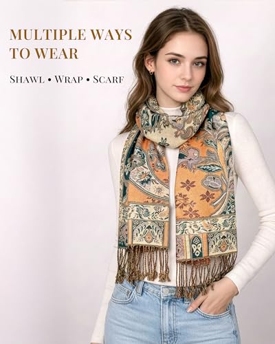 Achillea Elegant Paisley Floral Pashmina Shawl and Wrap – Boho Rave Scarf for Festival, Travel & Everyday Wear - color: Emerald Green