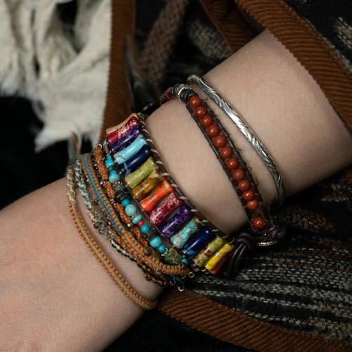 Sriomu 7 Chakra Bracelets for Women Handmade Natural Jasper Stone Healing Bead Bracelet Women Men Boho Friendship Inspirational Jewelry Natural Jasper Stone Double Layer Healing Bead Jewelry Gifts - color: Colorful - Black Leather