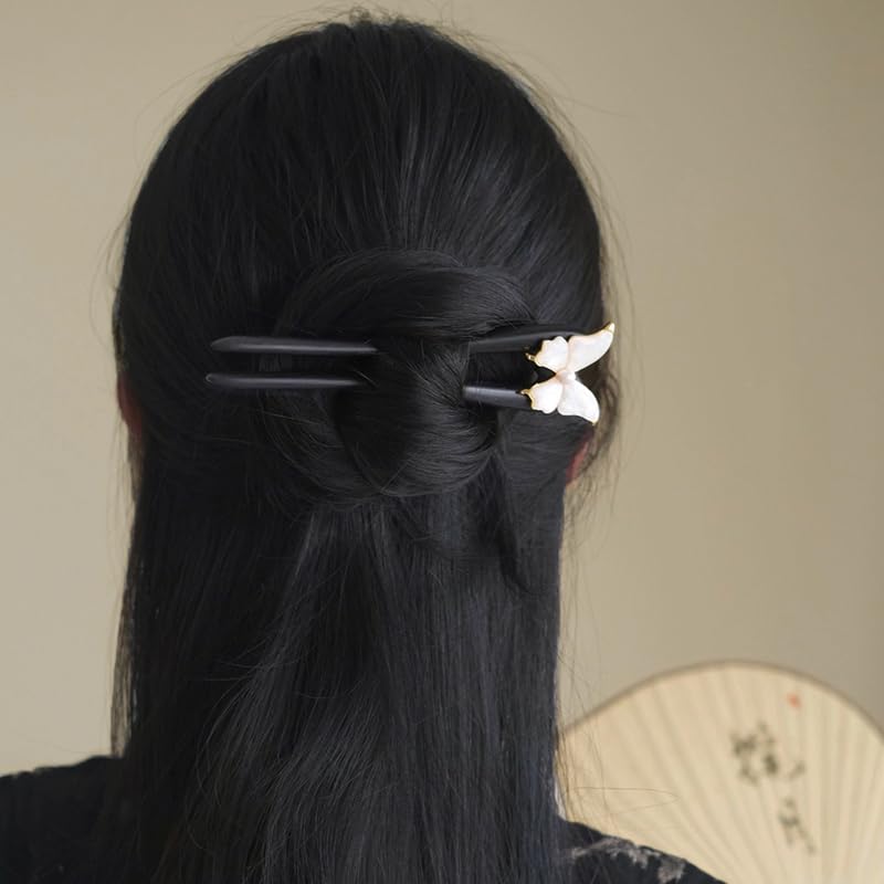 Handmade Wooden Hair Pin – U-Shaped Hair Fork with Natural Seashell Butterfly Design, French Hair Pins Clips for Women, Elegant Pearl Accent for Updos & Bun Styling 1P