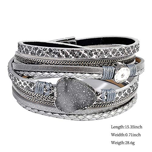 Artilady Leather Wrap Bracelets for Women - Pearl Bracelets Handmade Clasp Bangle Bracelet with Beads Jewelry Gift for Women and Mother - style: Grey with druzy