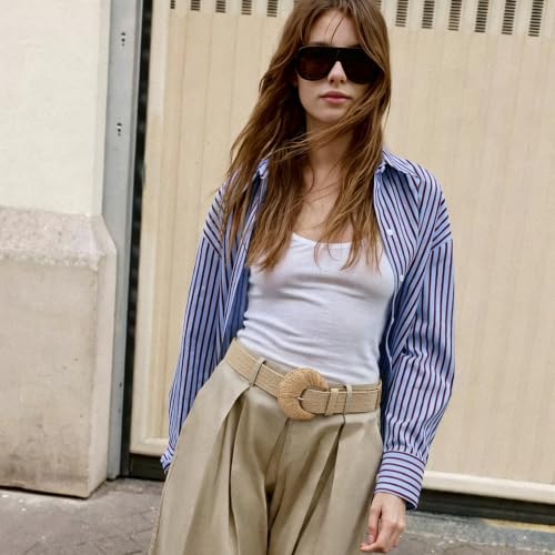 HOTWILL Women Straw Woven Belt Boho Elastic Stretch Braided Waist Belts for Summer Dresses - color: Camel_shaped Buckle