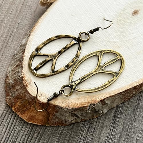 Peace sign earrings peace symbol charm earrings silver or bronze hippie necklace - color: bronze