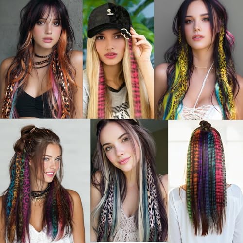 10pcs/pack Scene Hair Extensions Synthetic Clip in Leopard print Hair piece 18inch Long Straight Colorful striped Hairpieces Halloween Party Cosplay Y2K Use for Women - color: Multicolor