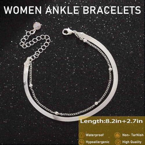 Yalice 925 Silver Ankle Bracelets Chain for Women Dainty 14K Gold Plated Waterproof Beads Anklets Layered Beach Foot Jewelry Gift - color: Silver-Snake Chain