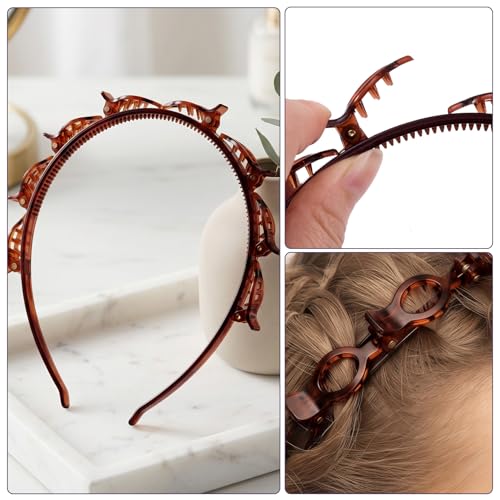 2 Pcs Headband with Clips, 90s Butterfly Hair Clips Headband with Teeth for Women, Braided Weave Bangs Non-Slip Clip Headbands Hair Accessories for Styling Decoration- Light Brown, Light Brown - color: 2 Pcs Light Brown