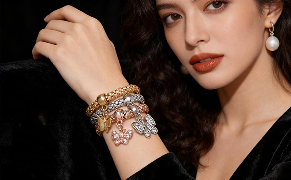 Alegend Titanium Steel (Not Rust, Resist Corruption, Easily Clean) 18K Gold Plated Single Bracelets + 14K Gold Plated Stackable Multilayer Bracelets - style: 14KGold Crystal Butterfly Diamond-Inlaid