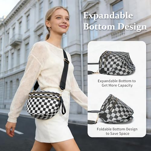 Checkered Crossbody Bag for Women Bum Bag Spacious Nylon Fanny Packs Cross Body Shoulder Purses Bag Handbags - color: Dark Gray Checkered