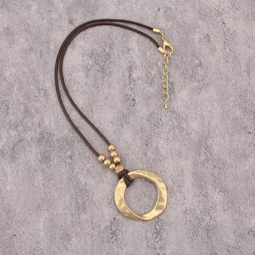 JAOYU Bohemian Necklaces for Women Leather Necklace Wood Pendant Choker Long Brown Necklace Chunky Circle Boho Hippie Jewelry - style: Bohemian Choker Necklaces Women