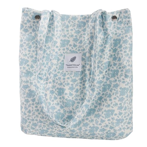 Corduroy Tote Bag for Women Small Canvas Shoulder Purse Cord Handy Bag with Inner Pocket | with Front Pocket - color: 03 Blue Flower