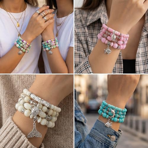 Bohemian Bracelet Sets for Women - 4-Pack Stackable Stretch Bead Bracelets with Black＆White Crystal & Gold Accessories, Multi-Layer Boho Jewelry - color: mix