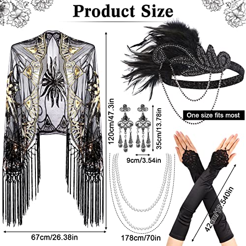 Zhanmai 5 Pcs 1920s Flapper Accessories for Women Roaring 20s Headpiece Shawl Necklace Earring Gloves - color: Black Gold, style: Retro