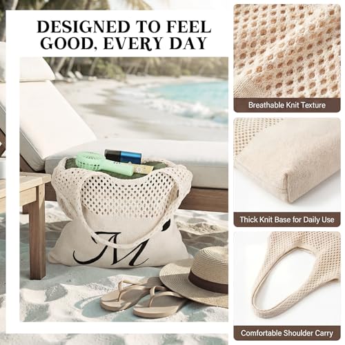 Shinylin Personalized Crochet Tote Bag for Beach Women Beige Mesh Knit Shoulder Bag Boho Aesthetic Tote for Women - style: Letter M