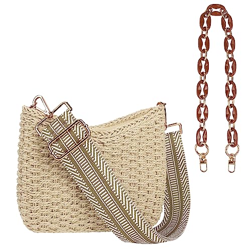 Women Straw Small Crossbody Bag Handmade Woven Shoulder Handbag Summer Beach Purse with Guitar Strap | Straw - color: Beige