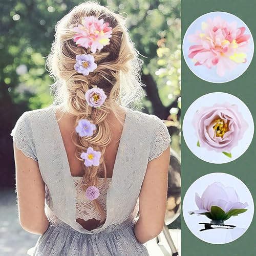 21 Pieces Silk Flower Hair Clip Women Aesthetic Boho Floral Hair Barrettes Handmade Rose Bride Barre Hair Accessories Wedding(Purple) - color: Purple