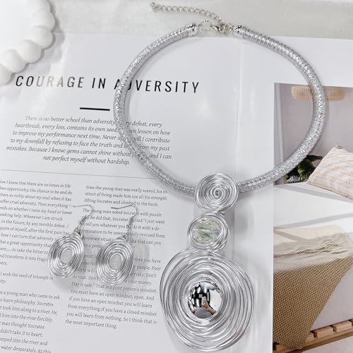 Large Spiral Pearl Rhinestone Pendant Necklace Earring Set for Women Handmade Chunky Statement Collar Choker Fashion Ethnic Tribal Wire Wrapped Adjustable Rope Chain Banquet Party Dress Jewelry - color: Silver