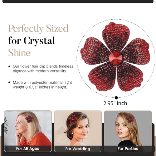 2.9 Inches Created Crystal Hibiscus Hawaiian Flower Hair Clips for Women | Boho Braids Artificial Flower Clips for Hair - color: Red