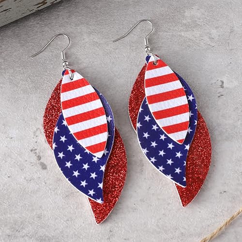 ANXIN boho unique Leather Earrings 2 Layered Lightweight Faux Leather Leaf Earrings Layered Design Drop Earrings Gift for Women - color: Red White Blue