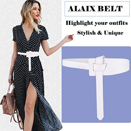 ALAIX Women's Leather Belt Dress Belt for Jeans Jumpsuit Coat Fashion Tie a Knot Genuine Leather Waist Belt - color: White, size: Waist Size up to 34 inches