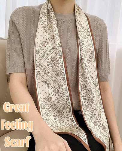 kcctoo 59" Mulberry Silk Like Head Scarf Women's Fashion Square Neck Satin Scarfs for Bag Hair Scarves Gift 59 * 5.9” - color: A009-brown Cashew Flower/59"x5.9"