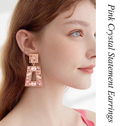 Rhinestone Rectangle Statement Earrings Colorful Crystal Geometric Drop Dangle Earrings for Women Prom Party - color: Pink