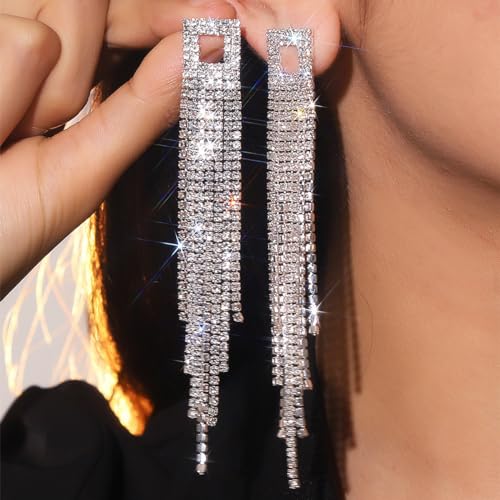 Rhinestone Tassel Earrings Sparkly Long Fringe Crystal Chandelier Dangle Drop Earrings Wedding Party Prom Earrings Premium Iridescent Earrings Wedding Party Jewelry Gifts for Women - color: Silver4