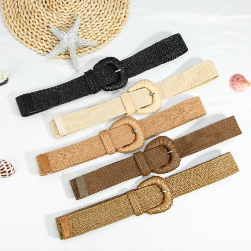 HOTWILL Women Straw Woven Belt Boho Elastic Stretch Braided Waist Belts for Summer Dresses - color: Black_d Ring Buckle