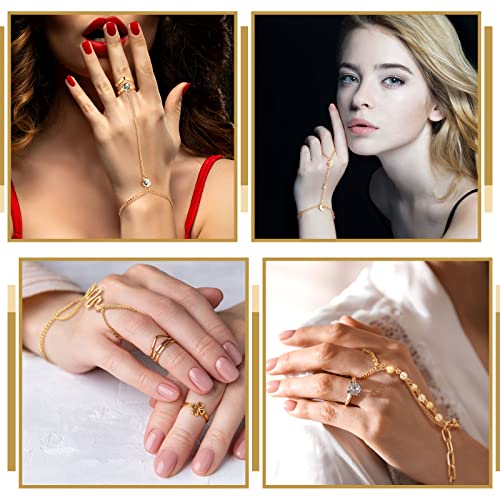 Fumete 6 pcs Finger Ring Bracelet Linked Rhinestone Hand Harness Chain Slave Bracelet with Ring Everyday Jewelry for Women - color: Gold, style: Classic
