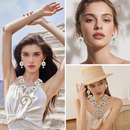4 PCS Western Turquoise Jewelry for Women Boho Vintage Navajo Pearl Necklace Earring Bracelet Ring Set Country Cowgirl Accessories for Gift - color: O-White（No Bracelet No Ring）