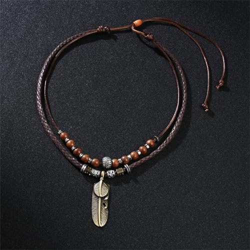 Boho Braided Rope Necklace for Women Vintage Butterfly Feather Adjustable Wooden Beads Layered Necklace Bohemian Wolf Tooth Totem Tribal Ethnic Style Jewelry - style: Feather