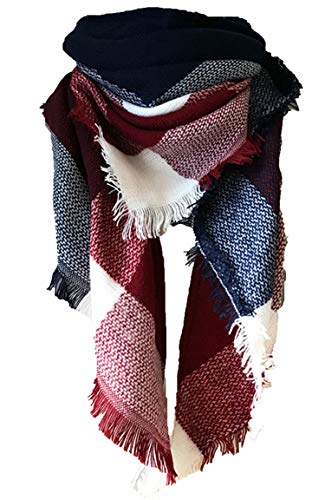 Wander Agio Womens Warm Long Shawl Winter Wraps Large Scarves Knit Cashmere Feel Plaid Triangle Scarf - color: Dark Blue Purplish Red 23