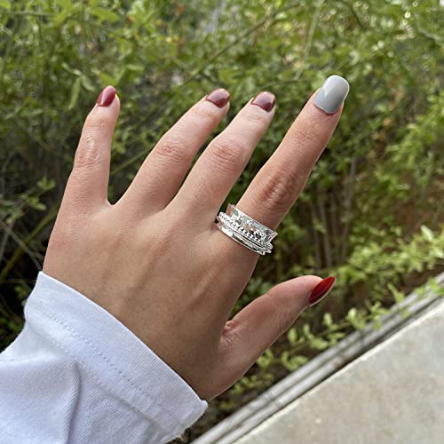 925 Sterling Silver Anxiety Ring with Beads Fidget Spinning Rings for Women Worry Beads Rings - color: hammered design C