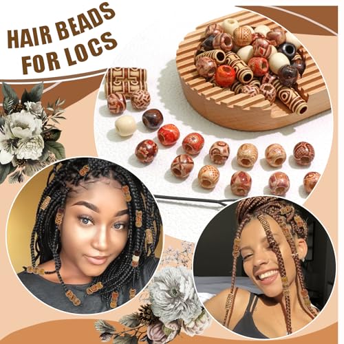 NAISKA 60PCS Vintage Round Natural Wood Hair Beads for Braids Loc Dreadlock Jewelry Beads for Hair Wooden Multi Shape Beads for Necklace Bracelet Hair DIY Craft Handmade Decor