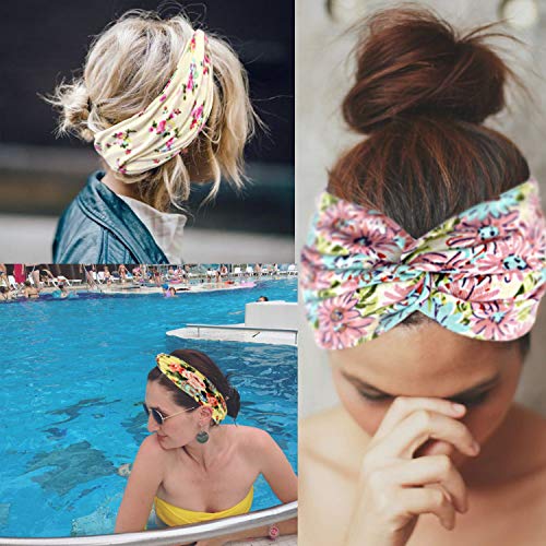 DRESHOW 8 Pack Headbands for Women Yoga Knotted Headbands Elastic Criss Cross Hair Accessories Sports Head Wrap Non Slip - color: 8 Pack Flower Printed Cross B