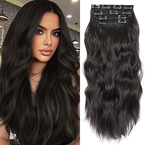 Clip in Synthetic Hair Extensions Long Wavy 4PCS Thick Hairpieces Black Brown Fiber Double Weft Natural Hair Extensions 20 Inch for Women (4pcs, 20Inch, 2#) - color: 2-Black Brown