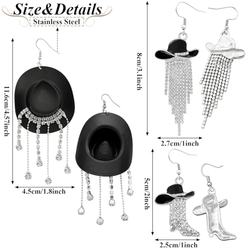 RechicGu 3 Pairs Western Cowgirl Cowboy Hat Earrings Set Silver Symmetric Boots Sparkly Rhinestone Tassels Drop Dangle Rural Culture Earrings Set For Women - color: Silver Boots,Black Hat