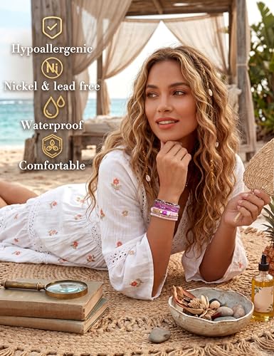 LOYALLOOK 6 Sets Bohemian Stackable Bead Bracelets for Women Stretch Bohemian Style Stretch Multilayered Boho Bracelet Set