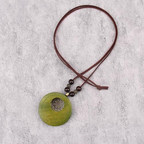 Kelake Leather Necklace for Women Men Teen Vinatge Boho Alloy Pendant Choker Jewelry Fashion Sweater Necklaces with Adjustable Genuine Leather Chain - color: Gold & Green Wood 2 Layers Round Pendant