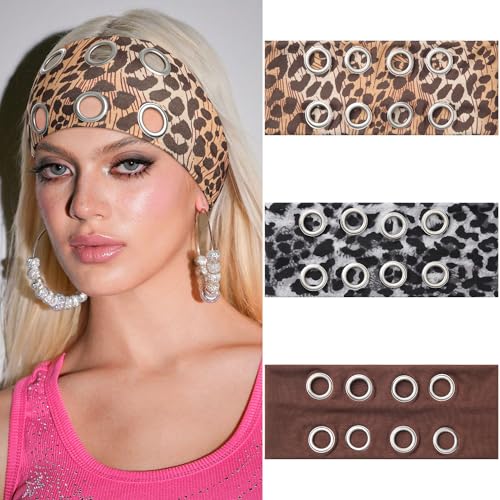 AWAYTR Women Hollow Out Eyelet Elastic Headband Y2K Wide Grommet Hairband Punk Grunge Wide Band for Girls (Deep Coffee/2 Leopard print, One size) - color: Deep Coffee/2 Leopard print